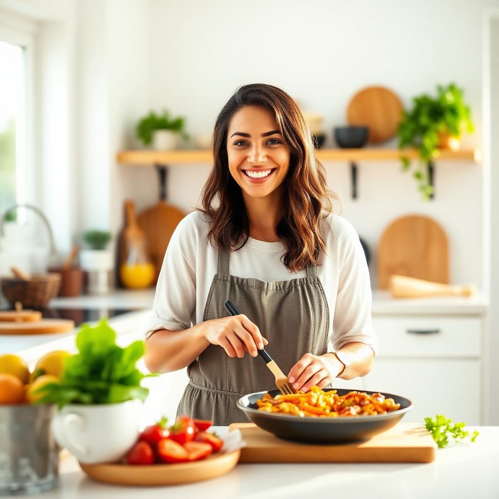Mujer feliz cocinando sano